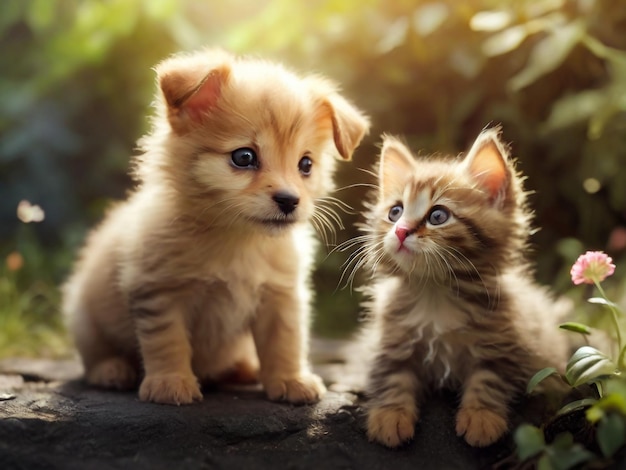 dos gatitos están sentados en una roca y uno está mirando a la cámara