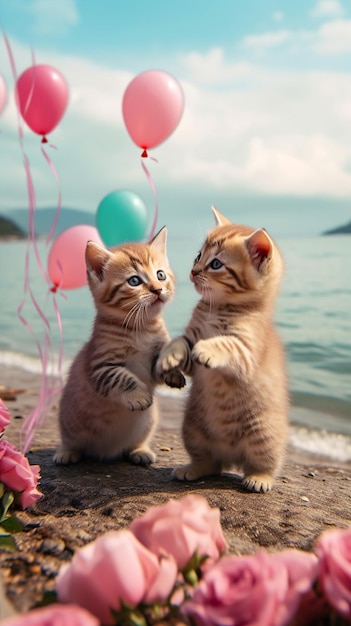 Dos gatitos con globos y un globo rosa y verde.