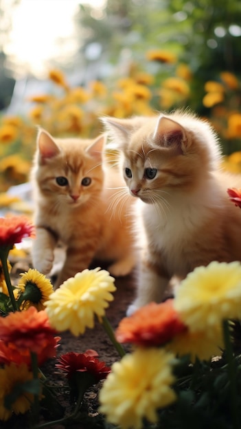 Dos gatitos en un jardín con flores.