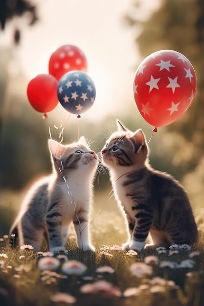 Dos gatitos jugando con globos en un campo imagen generativa de ai