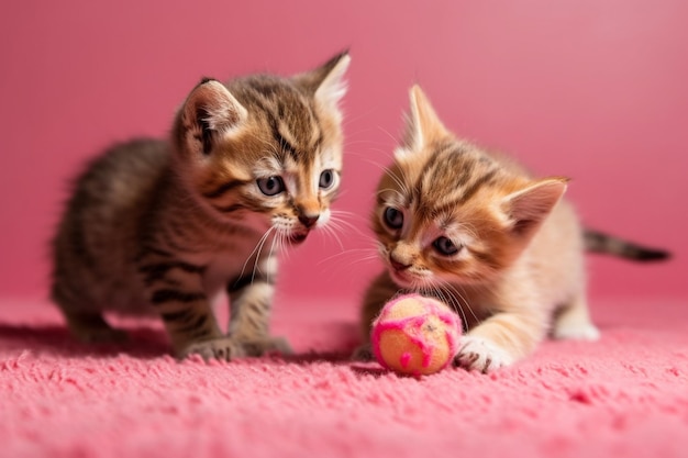 Dos gatitos jugando con una pelota sobre un fondo rosa.