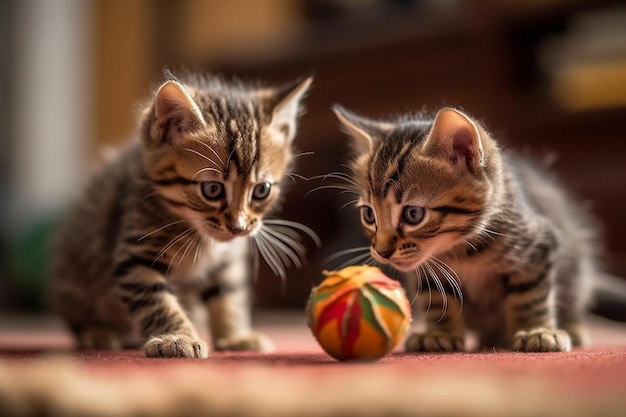 Dos gatitos jugando con una pelota y uno tiene una flor roja y amarilla en ella.