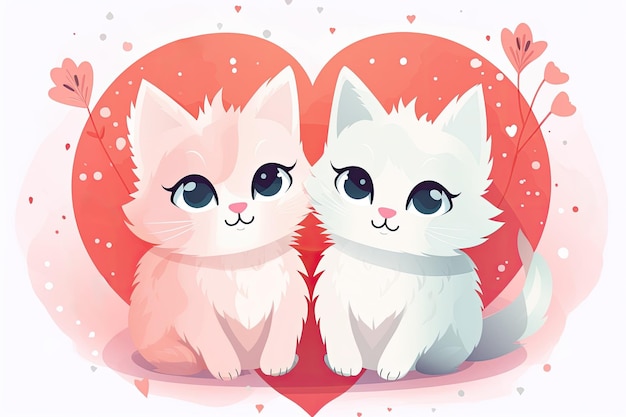Dos gatitos lindos con fondo de corazón tarjeta de felicitación o elementos de diseño web Gra temático del Día de San Valentín