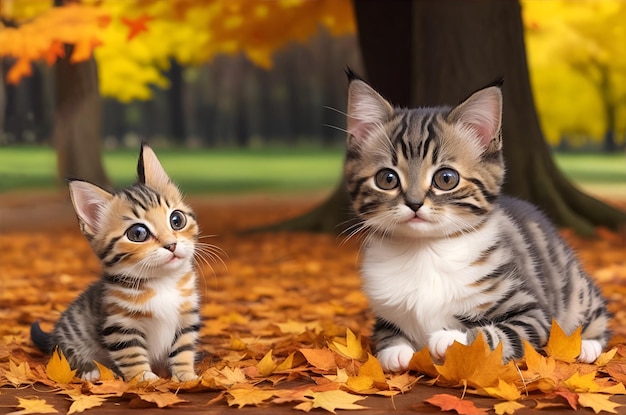 Dos gatitos lindos en un parque de otoño generación de IA