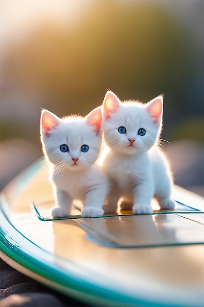 Dos gatitos marshmallow enamorados en colores pastel en una tabla de surf detallada 8k