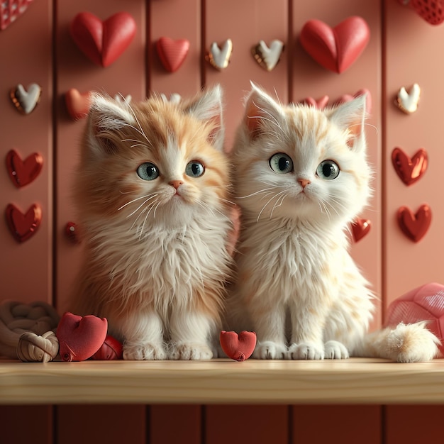 Dos gatitos Ragdoll en tela de San Valentín con corazones y rosas rojas