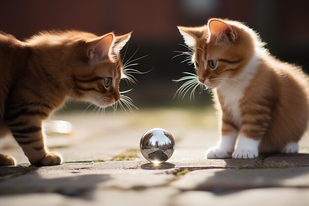 Dos gatitos rojos miran una bola de metal con reflejos al aire libre