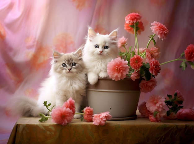 Foto dos gatitos sentados con una flor