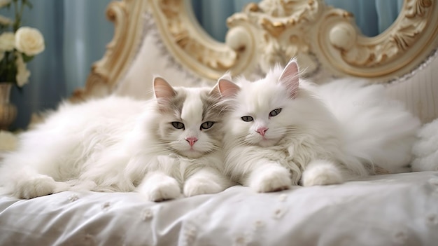 Dos gatos acostados en una cama, uno de los cuales es blanco y el otro es blanco.
