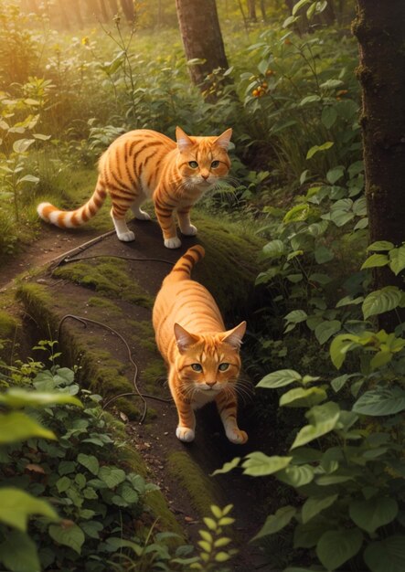 dos gatos anaranjados investigando en el bosque