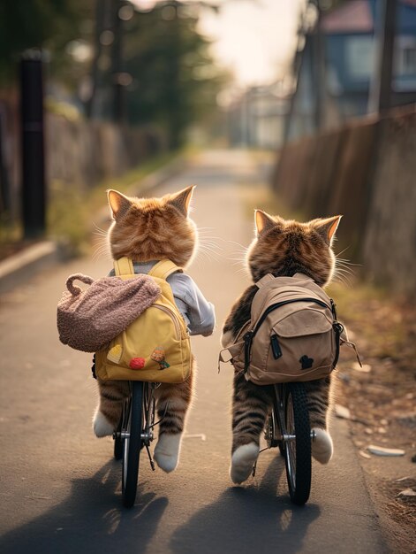 dos gatos en una bicicleta con una mochila y una mochila