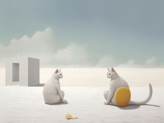 Dos gatos blancos están sentados en la arena y uno tiene un objeto amarillo en el medio.