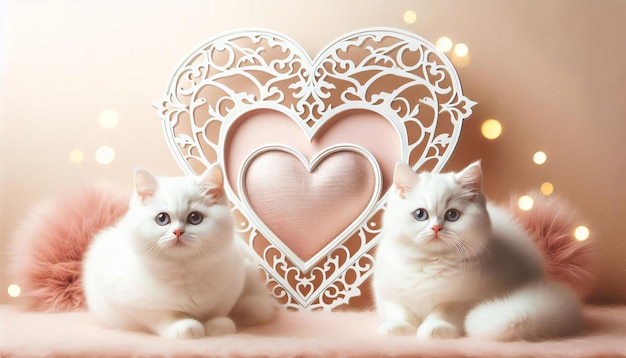 Dos gatos británicos blancos sentados cerca de un corazón decorativo de estilo retro en un bokeh de fondo pastel.