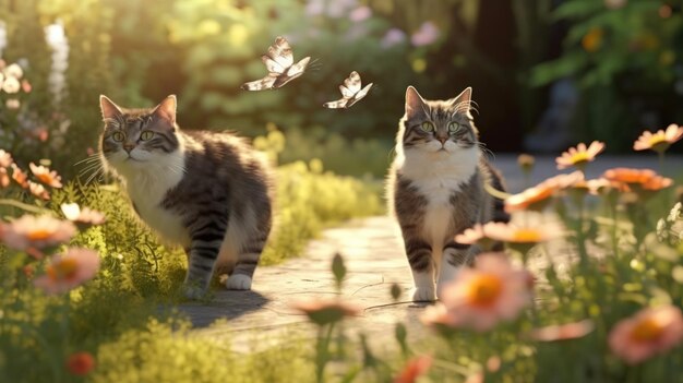 Dos gatos en un camino con una mariposa volando al fondo