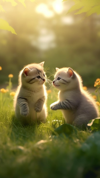 Dos gatos en un campo de flores.