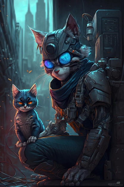 Dos gatos en la ciudad Estilo Cyberpunk Hermosa imagen de estilo 3d IA generativa