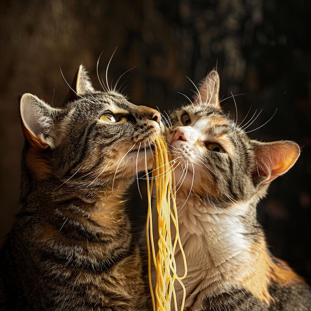 Dos gatos compartiendo espagueti en un fondo oscuro en primer plano