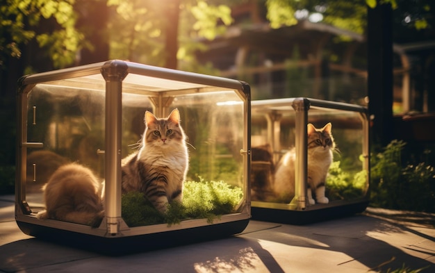 Dos gatos curiosamente sentados dentro de una caja de vidrio