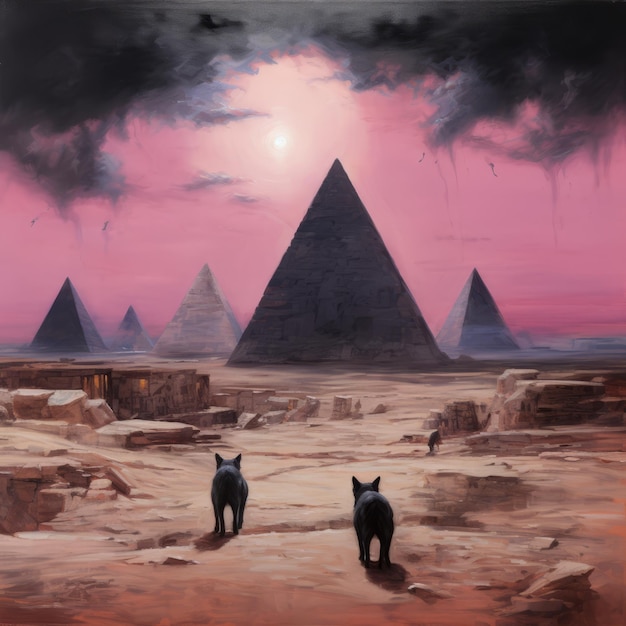dos gatos en el desierto con pirámides
