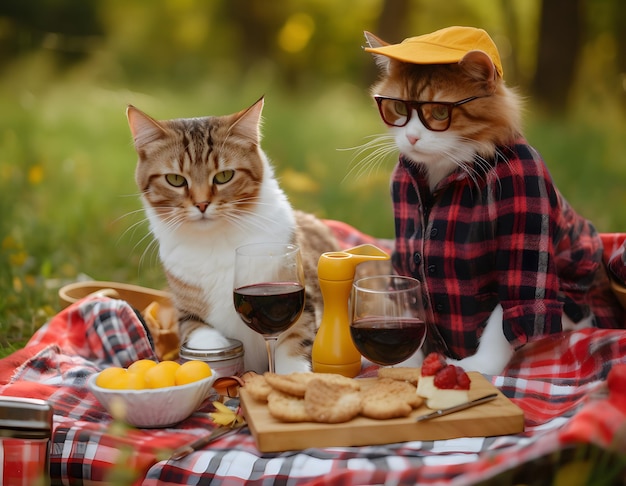 Dos gatos disfrutando de un picnic en la tierra verde