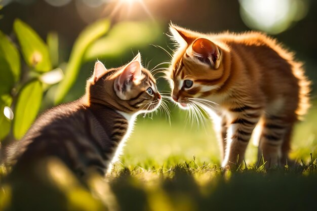 Dos gatos están jugando en la hierba, uno es un gatito.