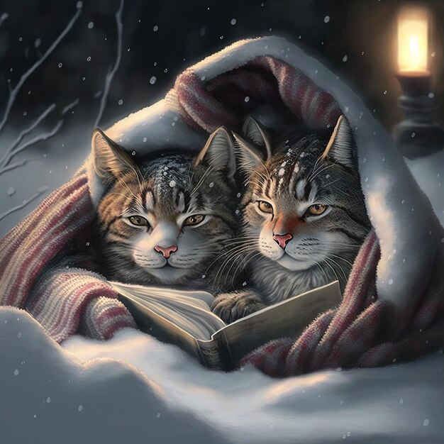 Dos gatos están leyendo un libro en la nieve.