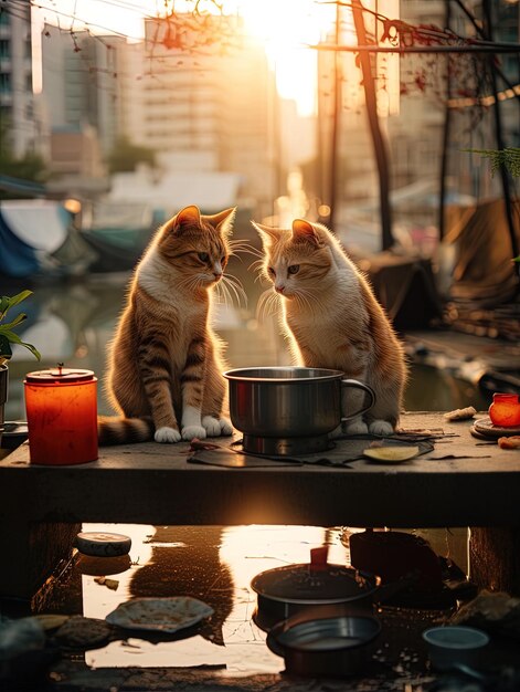 dos gatos están sentados en una mesa y uno está bebiendo de un cuenco de agua