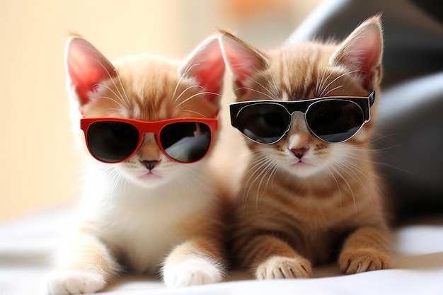 Dos gatos con gafas de sol se sientan en una mesa