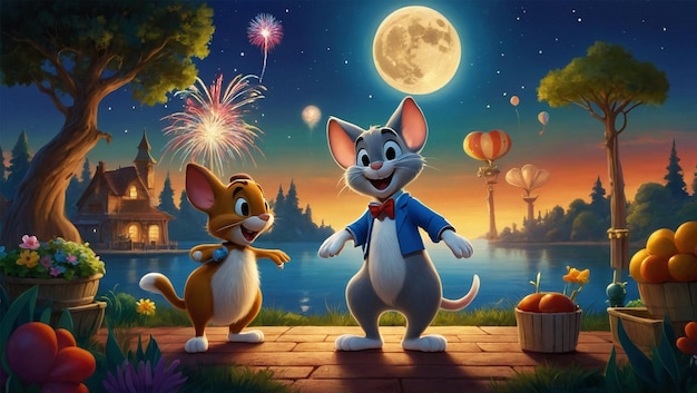 Foto dos gatos y una luna están en el cielo y la luna está detrás de ellos