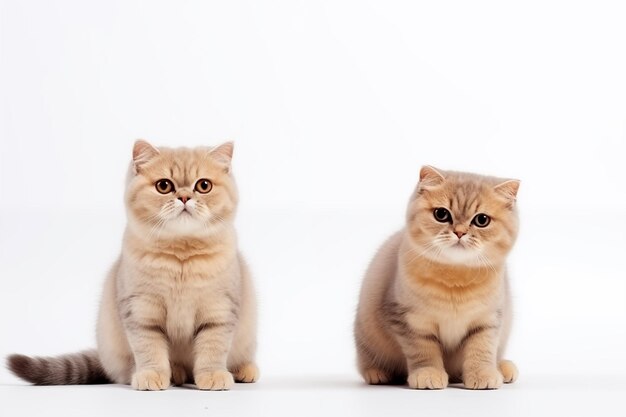 Dos gatos marrones grises de raza escocesa se sientan uno al lado del otro en un retrato espacial de fondo blanco