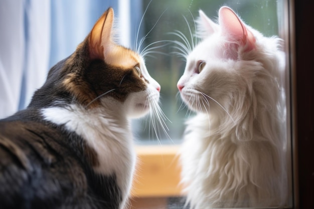 Dos gatos mirándose a través de una ventana de cristal