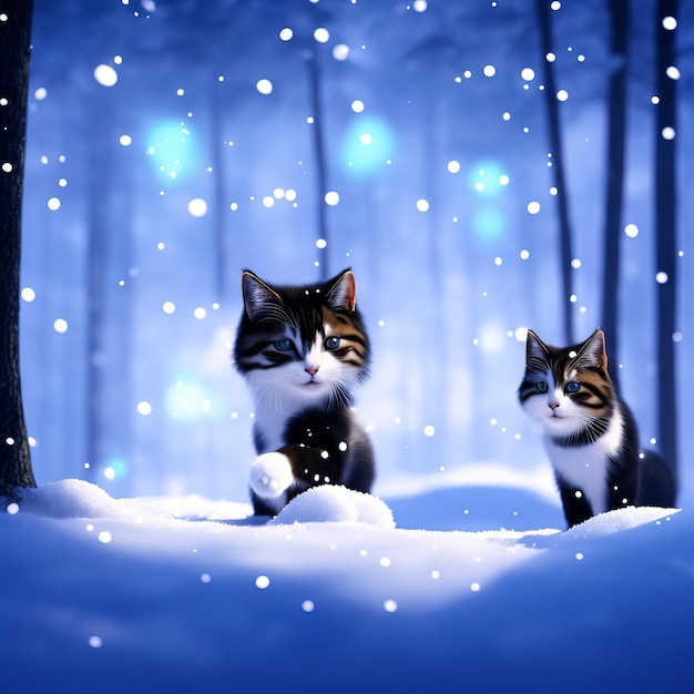 Dos gatos en la nieve con nieve en el suelo.