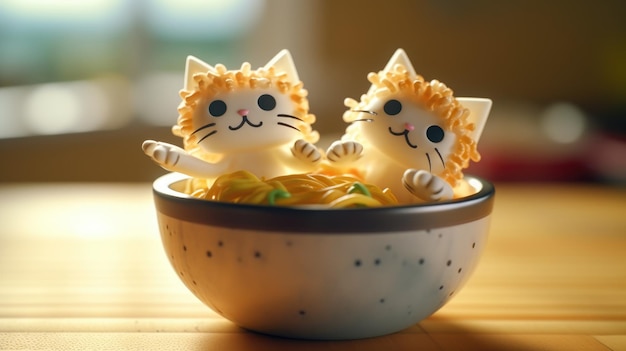 Dos gatos en un plato de fideos