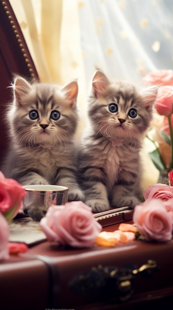 Dos gatos con un ramo de rosas sobre la mesa