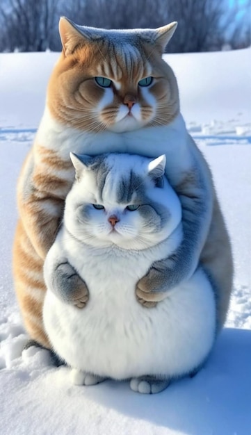 Dos gatos sentados uno encima del otro en la nieve generativa ai