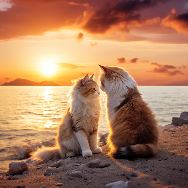 Dos gatos sentados en la playa al atardecer