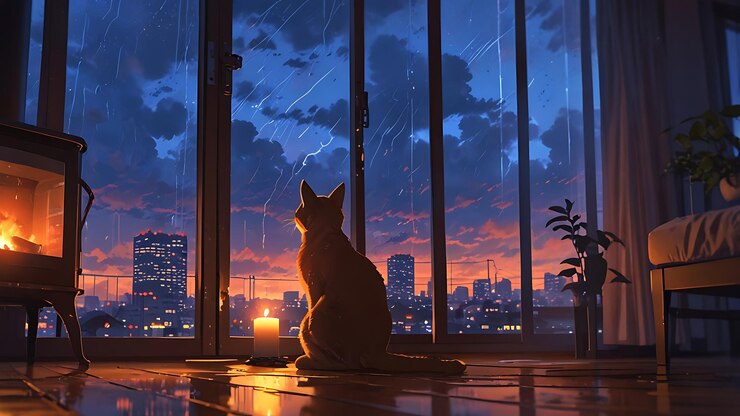 dos gatos se sientan frente a una ventana y la puesta de sol está detrás de ellos