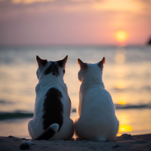 Foto dos gatos se sientan en la playa y miran la puesta de sol.