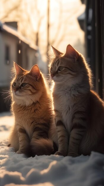 Foto dos gatos se sientan en el umbral de una ventana y miran hacia el atardecer