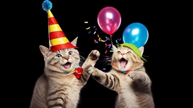 dos gatos con sombreros de fiesta y sosteniendo globos y confeti generativo ai