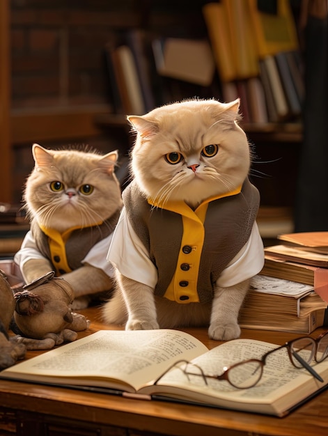 dos gatos con trajes sentados en la parte superior de los libros con uno leyendo un libro