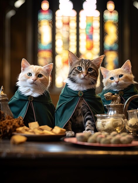 dos gatos con trajes verdes se sientan en una mesa con un plato de galletas