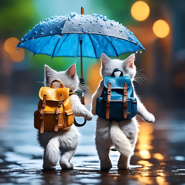 Dos gatos van a la escuela en un camino lluvioso.