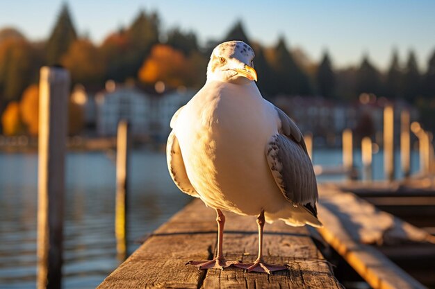 dos gaviotas están de pie en un muelle de madera una es blanca y la otra es una gaviota