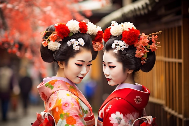 Dos geishas con kimonos tradicionales japoneses entre el templo Sensoji en Asakusa, Tokio, Japón