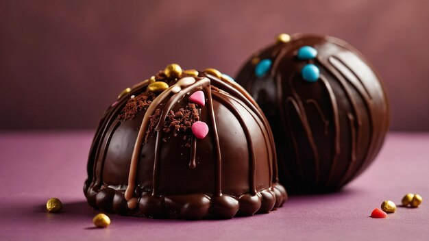 Foto dos globos de chocolate uno una creación de pastel el otro fil