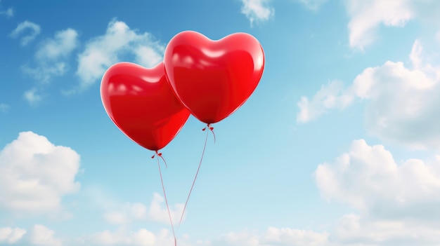 Dos globos rojos brillantes en forma de corazón flotando contra un cielo azul con nubes blancas