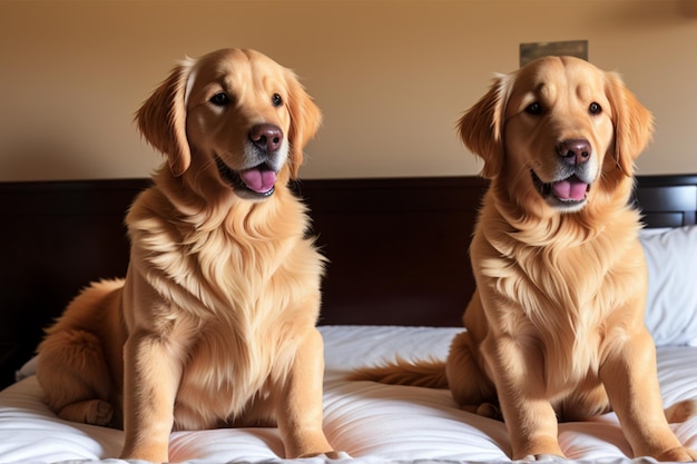 Dos golden retrievers en una cama con la palabra golden en la parte inferior