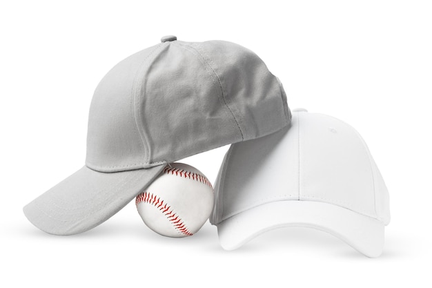 Foto dos gorras de béisbol blancas sobre un fondo blanco