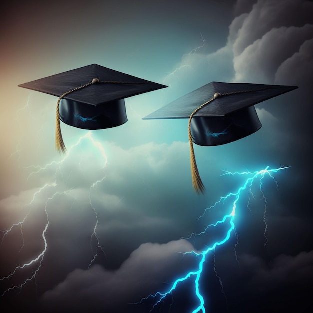 Dos gorras de graduación vuelan en el cielo con relámpagos en el fondo.